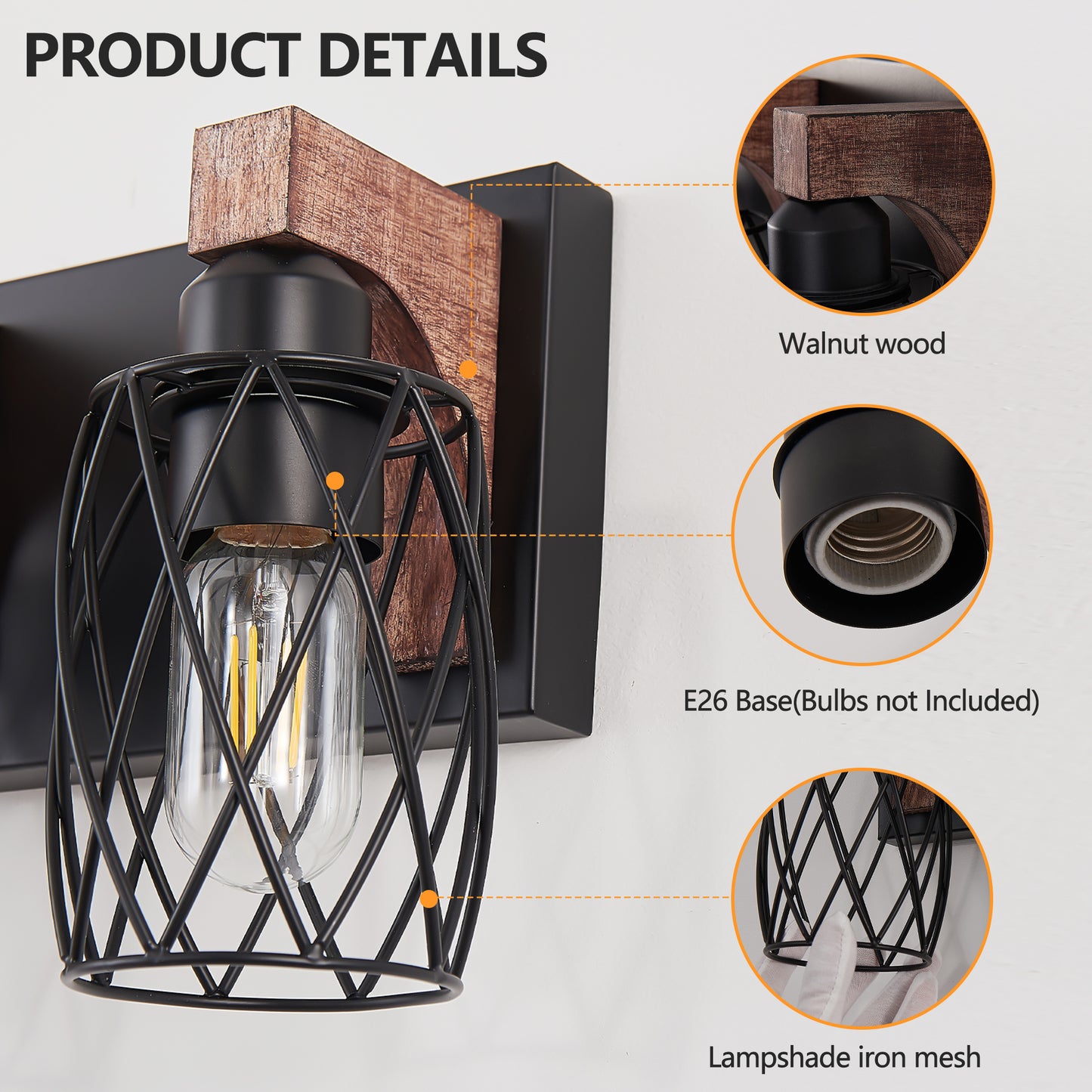 7-Light Black Caged Wall Sconce with Wood Accents - view 7