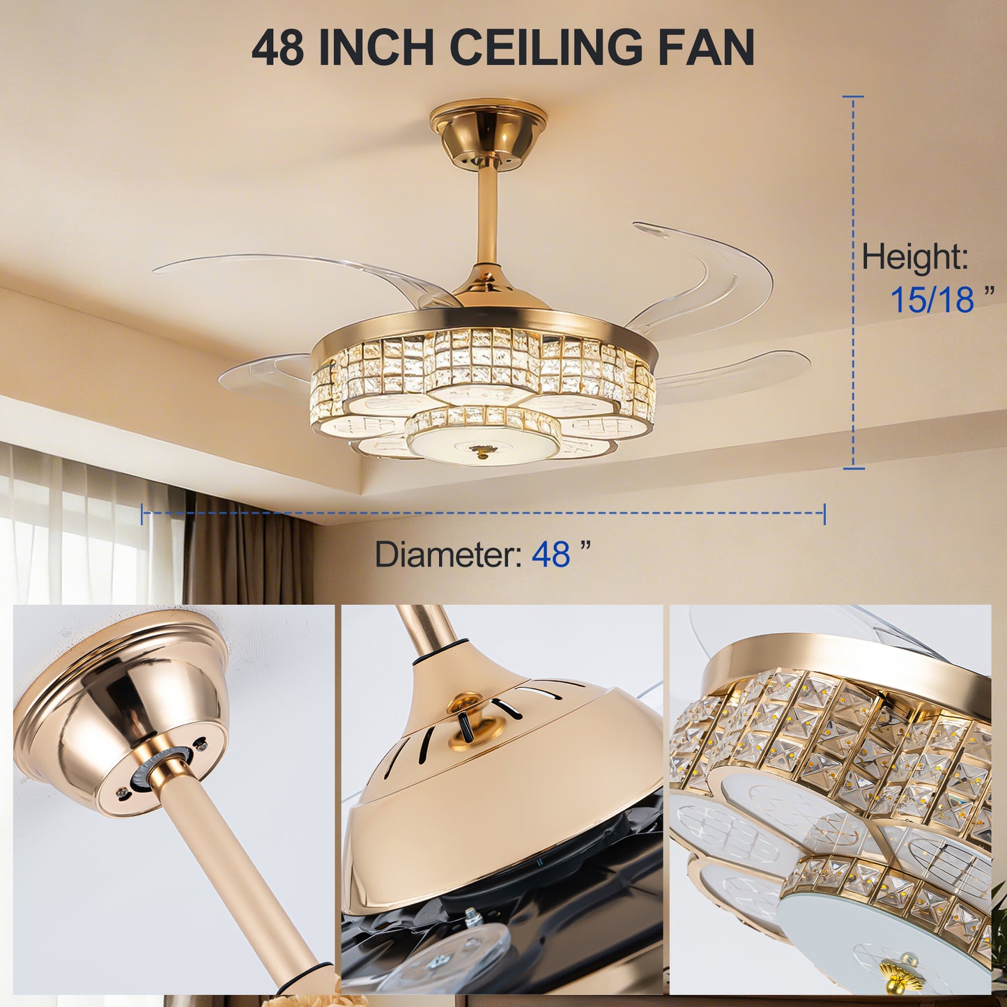48" Gold Retractable Blade Ceiling Fan with Light & Remote - view 26