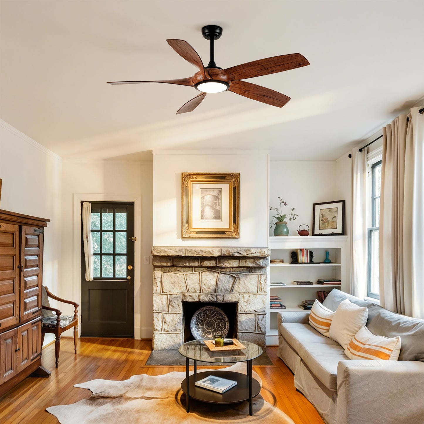 56" 5-Blade Matte Black & Wood Ceiling Fan with Remote - view 3