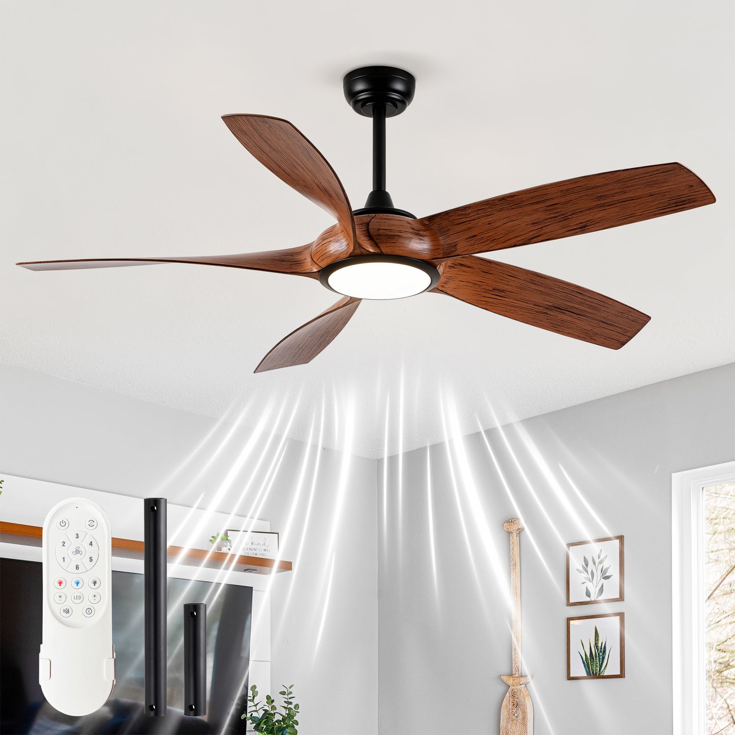 56" 5-Blade Matte Black & Wood Ceiling Fan with Remote - view 2