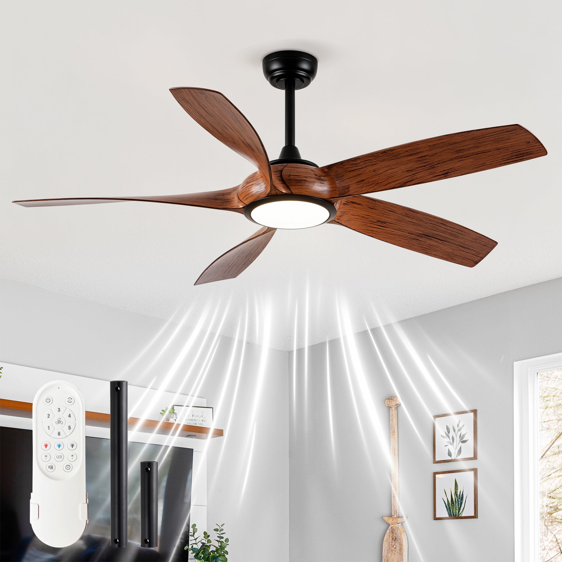 56" 5-Blade Matte Black & Wood Ceiling Fan with Remote - view 2
