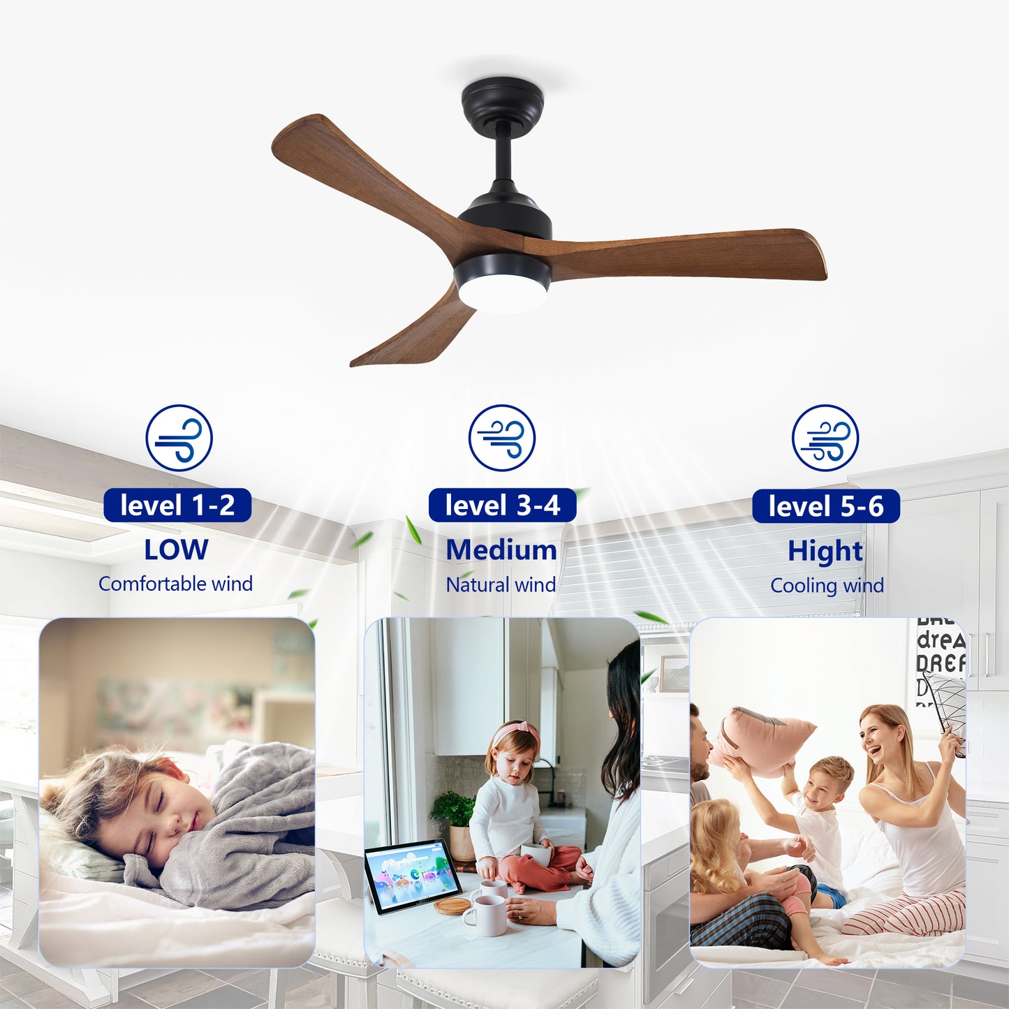 42" Matte Black Solid Wood 3-Blade Ceiling Fan - view 13