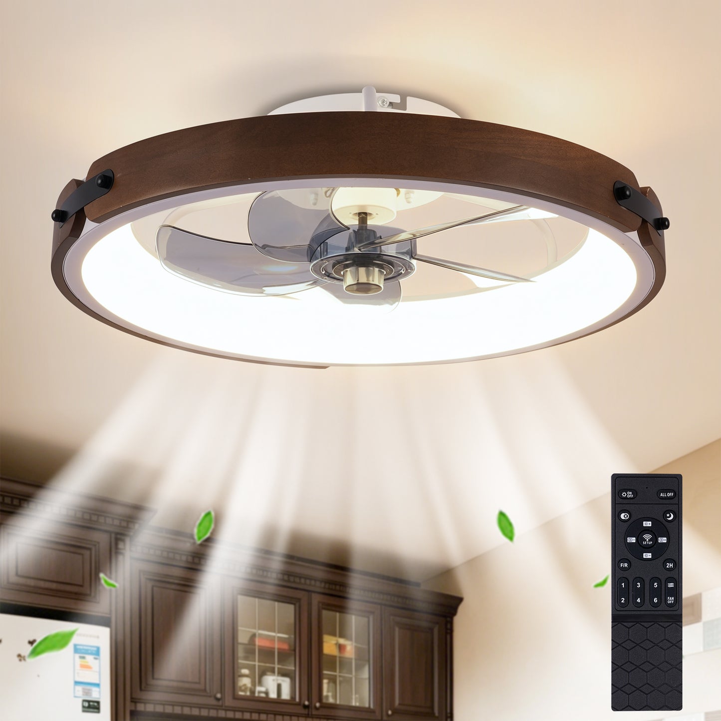20" Walnut & Black Flush Mount Ceiling Fan with Dimmable LED - view 2