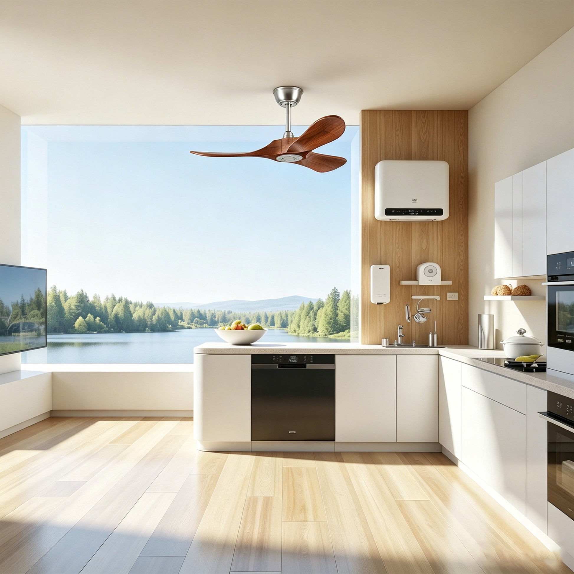 36" Satin Nickel Walnut Wood Ceiling Fan with Remote - view 9