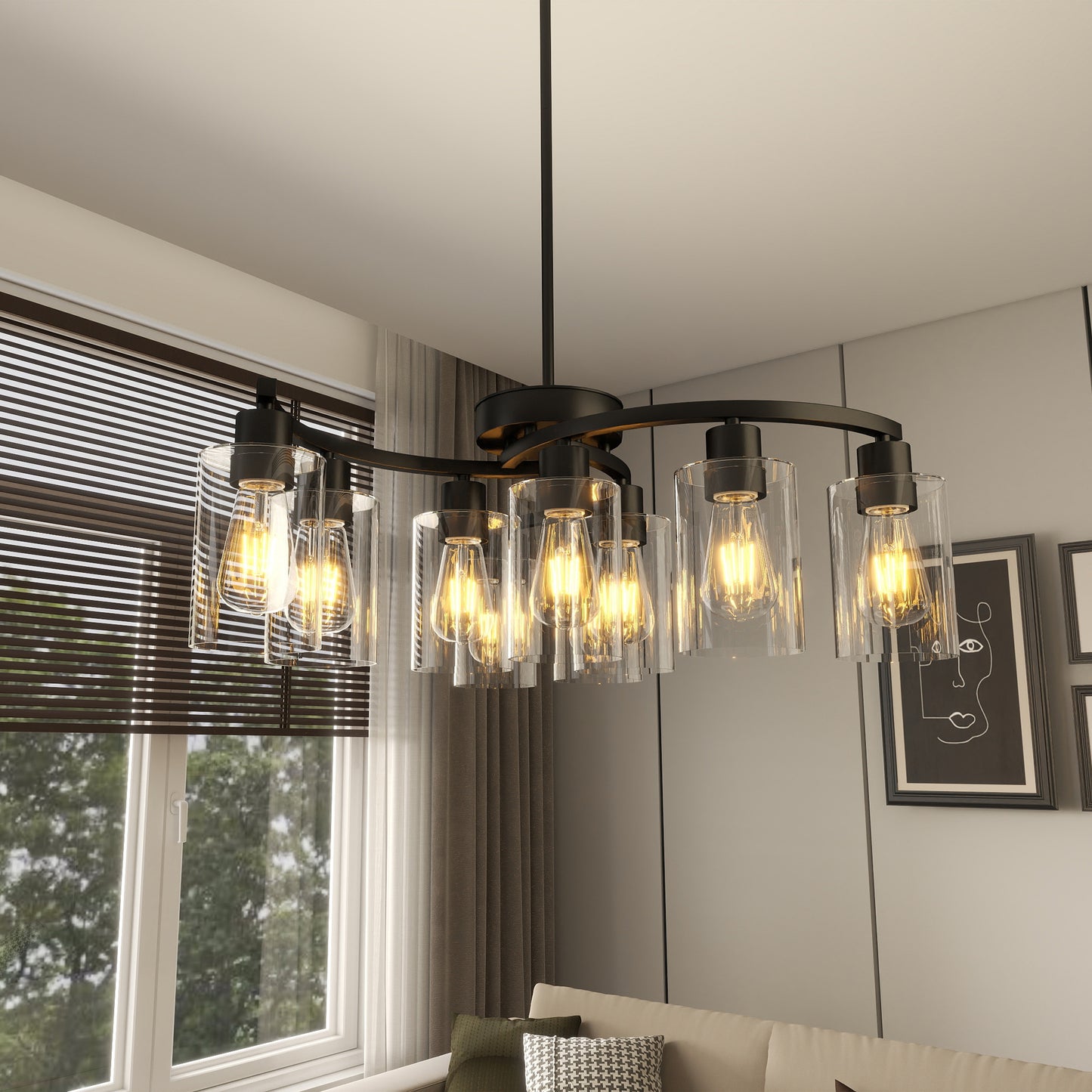 9-Light Black Farmhouse Chandelier with Clear Glass