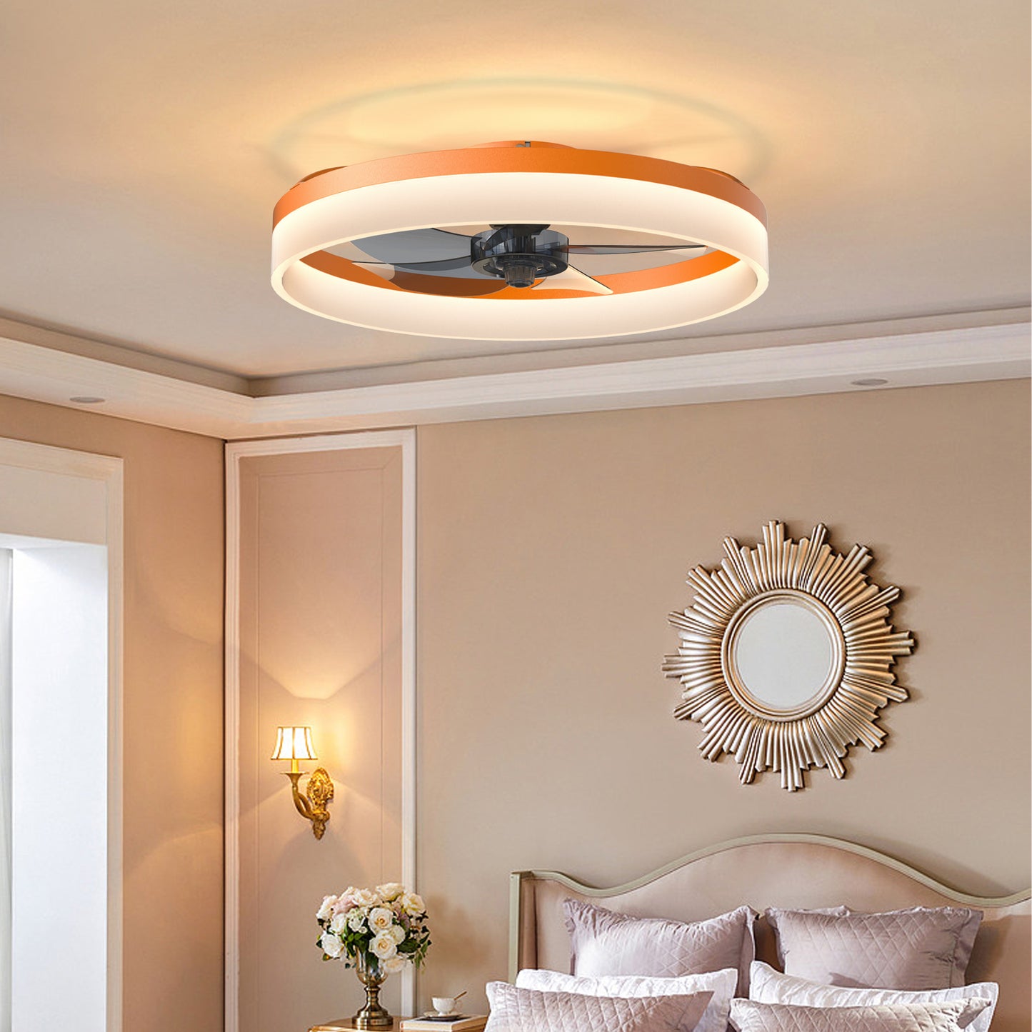 White & Orange Low Profile Ceiling Fan with Dimmable LED - view 2