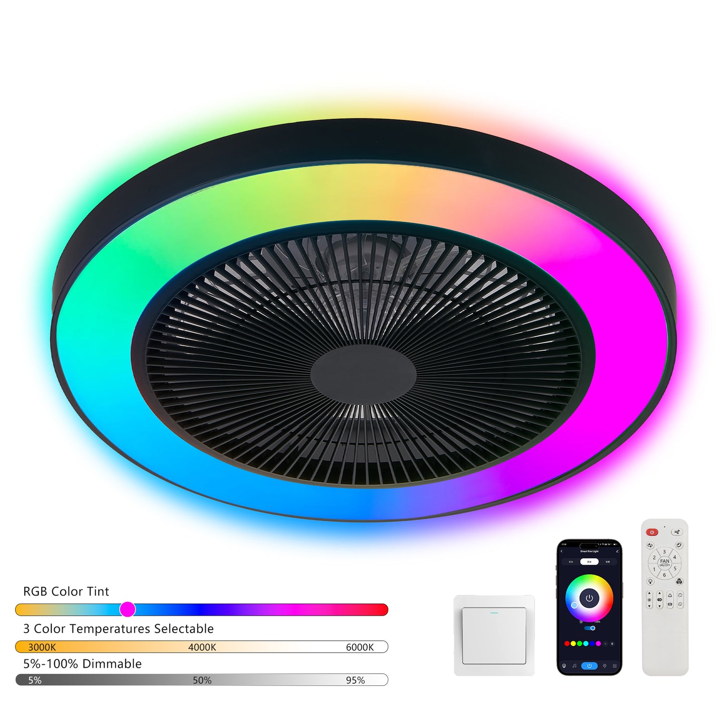 19" Black RGB Smart Ceiling Fan with Remote - view 4
