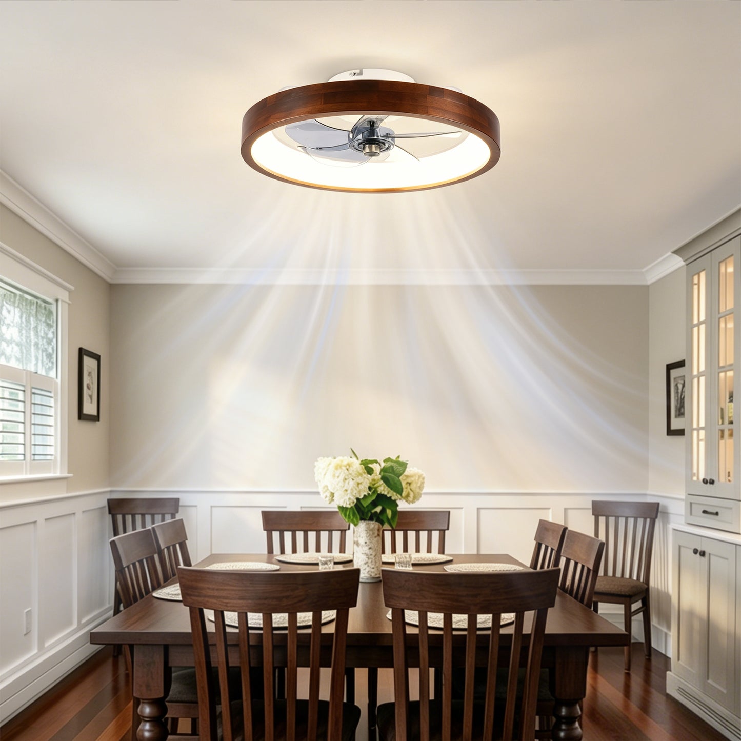 20" White & Wood Flush Mount Ceiling Fan with Dimmable LED - view 3