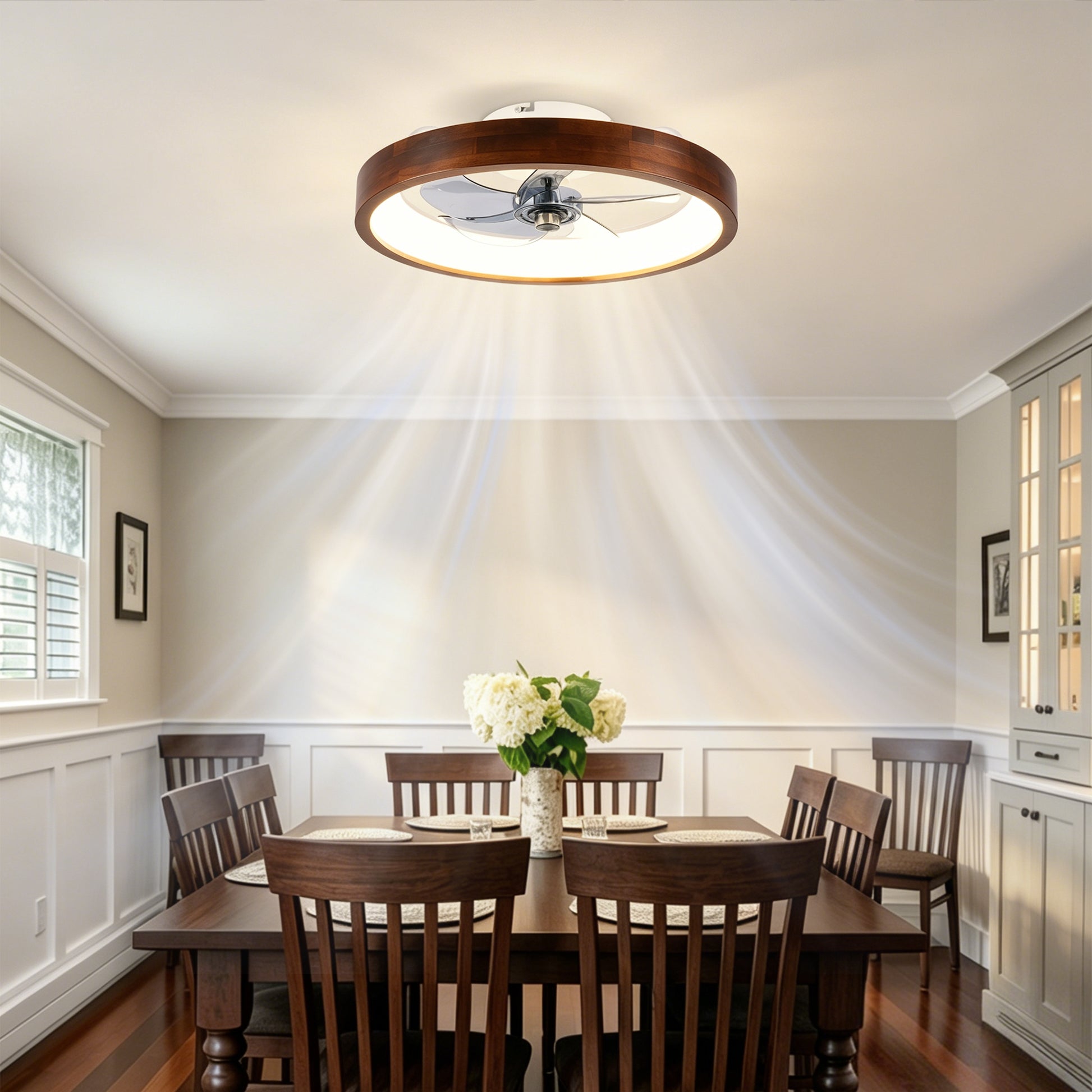 20" White & Wood Flush Mount Ceiling Fan with Dimmable LED - view 3