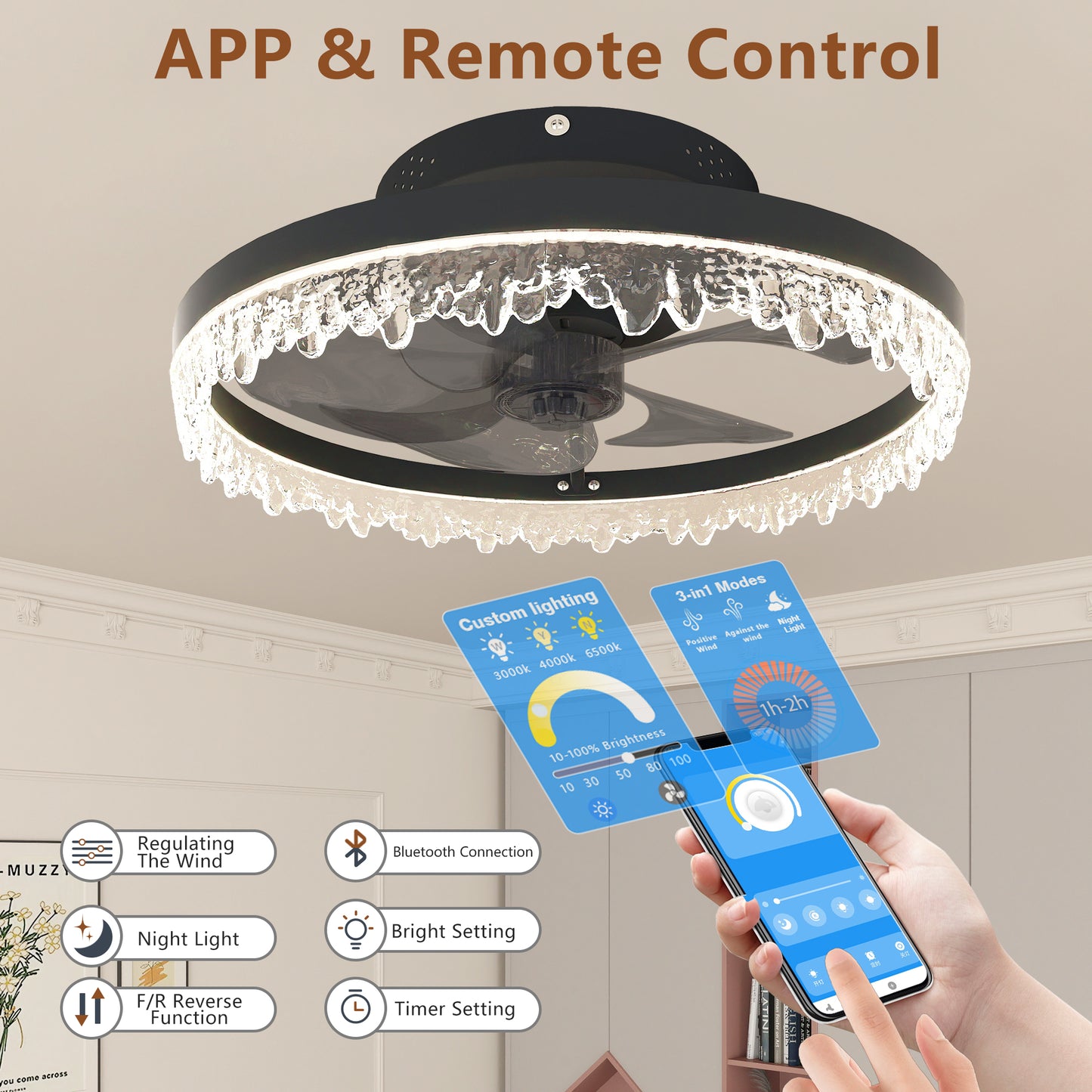 16" Black Flush Mount Ceiling Fan with Dimmable LED - view 3