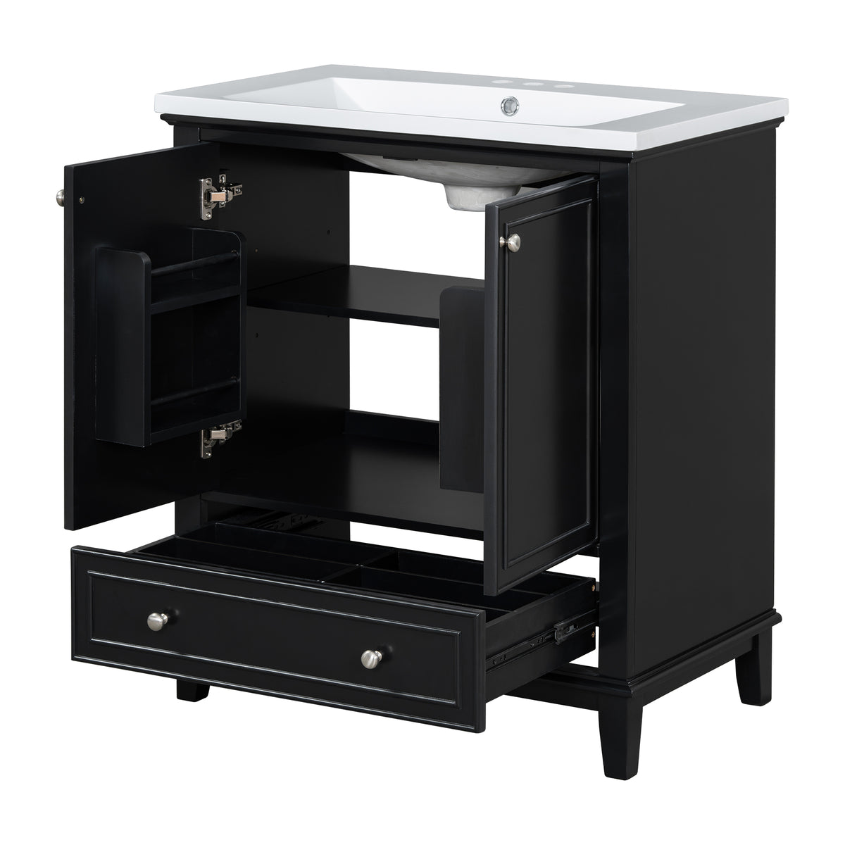 30" Black Bathroom Vanity with Sink, 2 Doors & Bottom Drawer