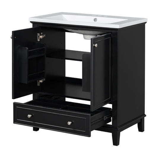 30" Black Bathroom Vanity with Sink, 2 Doors & Bottom Drawer