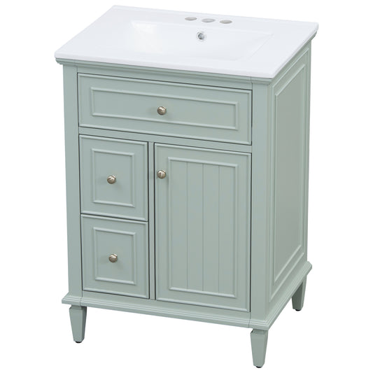 24" Green Bathroom Vanity with Sink, Flip Drawer & 2 Drawers