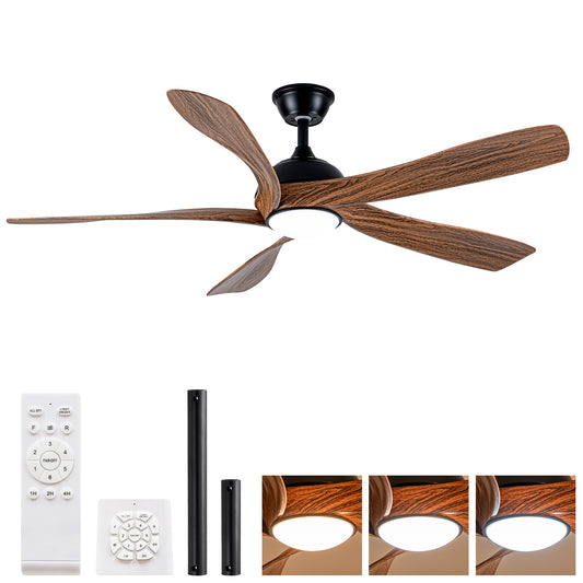 56" Matte Black & Wood Ceiling Fan with LED Light
