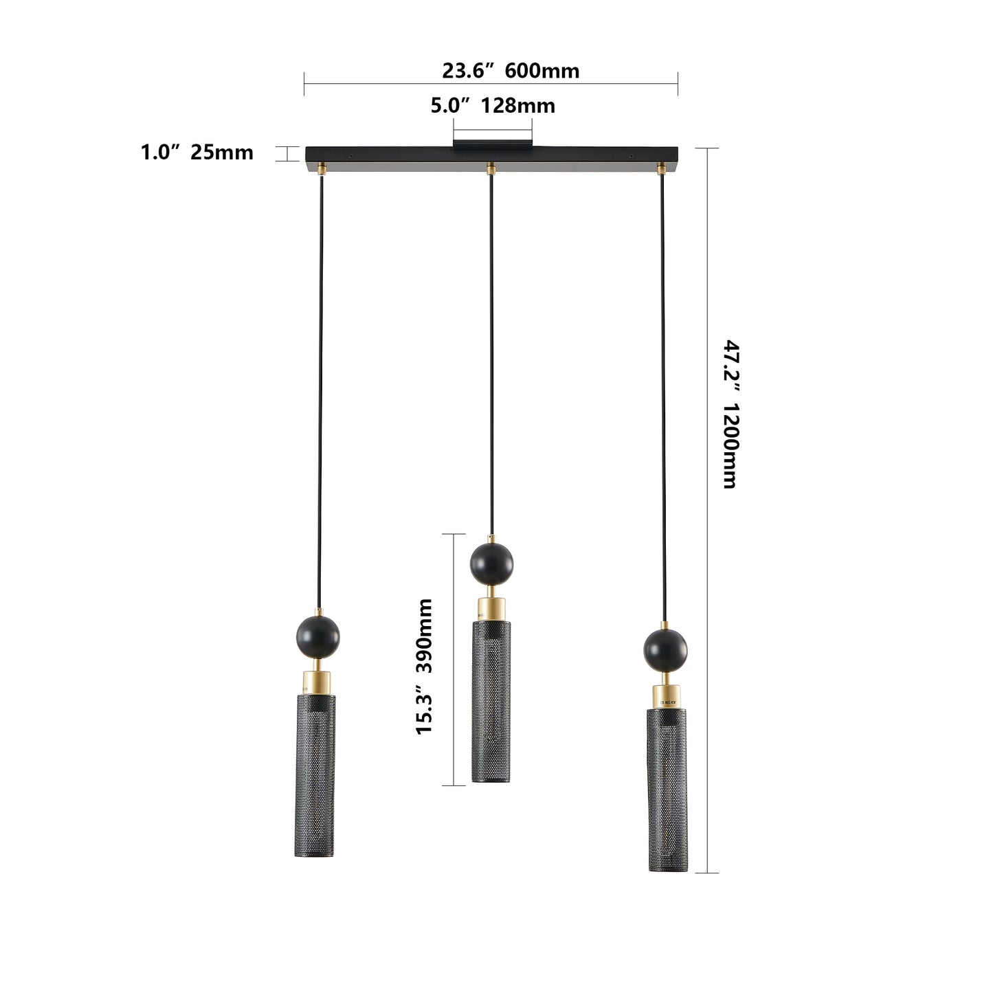 25" 3-Light Black & Gold Chandelier with Mesh Shades - view 8