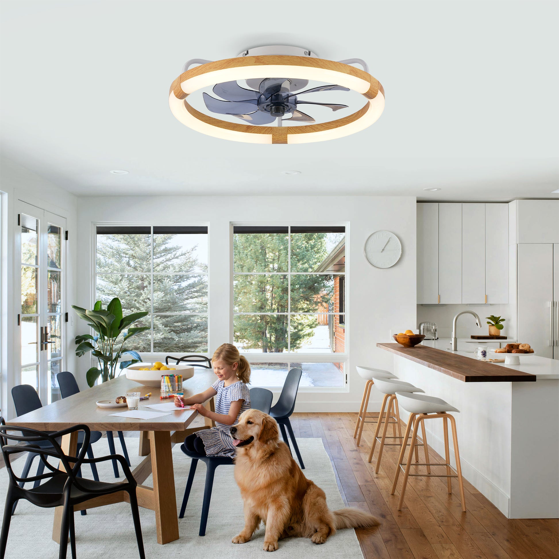 20" Matte White & Wood Ceiling Fan with Dimmable LED - view 3