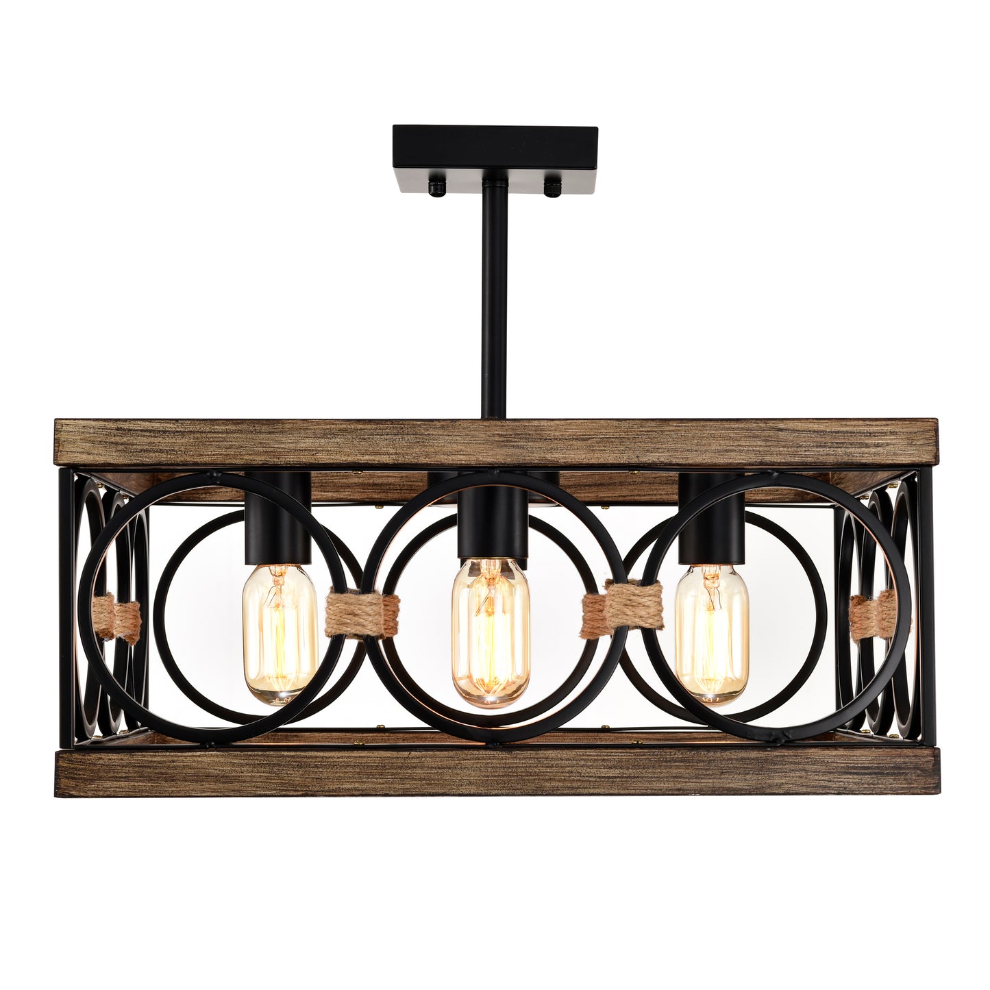 4-Light Wood & Black Farmhouse Flush Mount Ceiling Light - view 14
