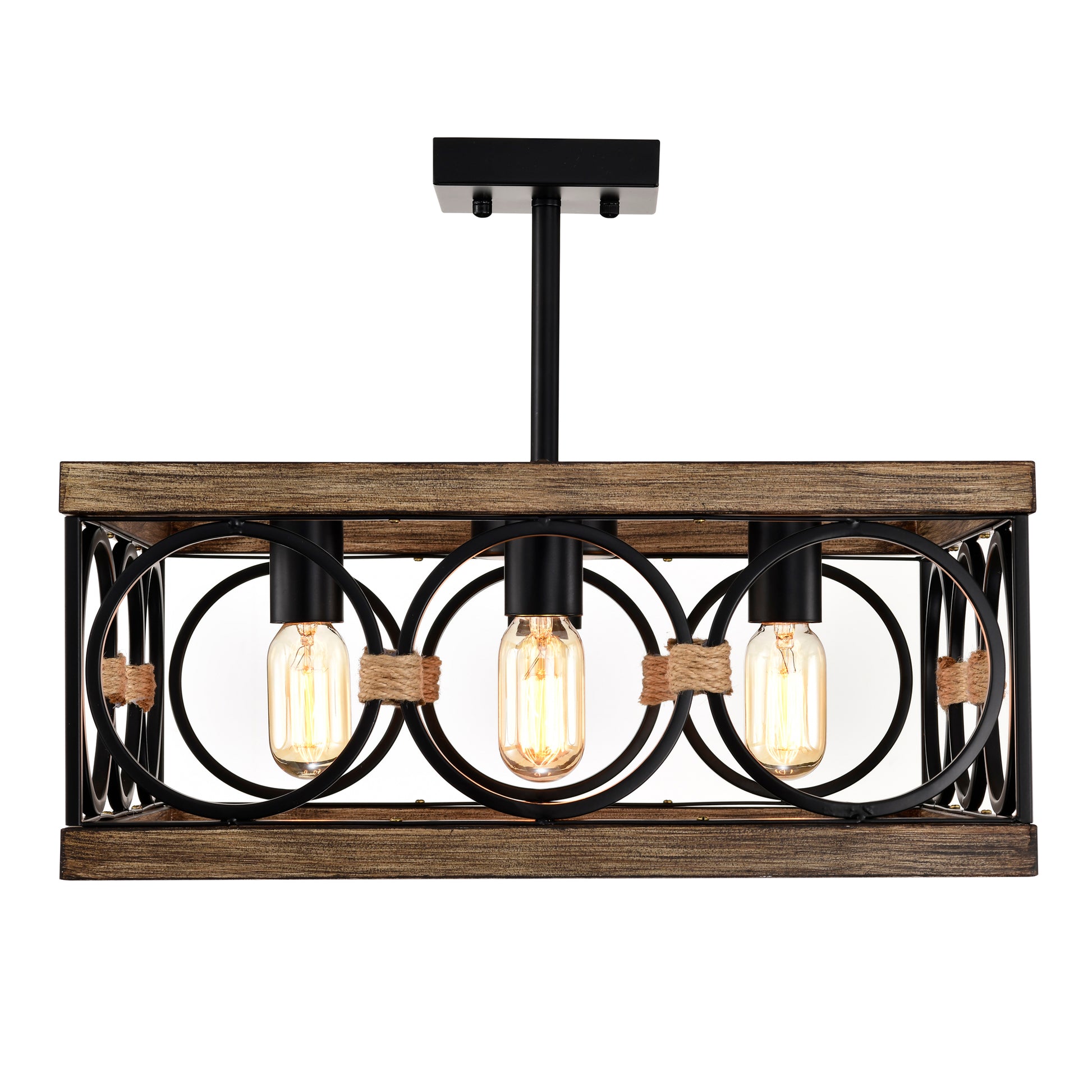 4-Light Wood & Black Farmhouse Flush Mount Ceiling Light - view 14