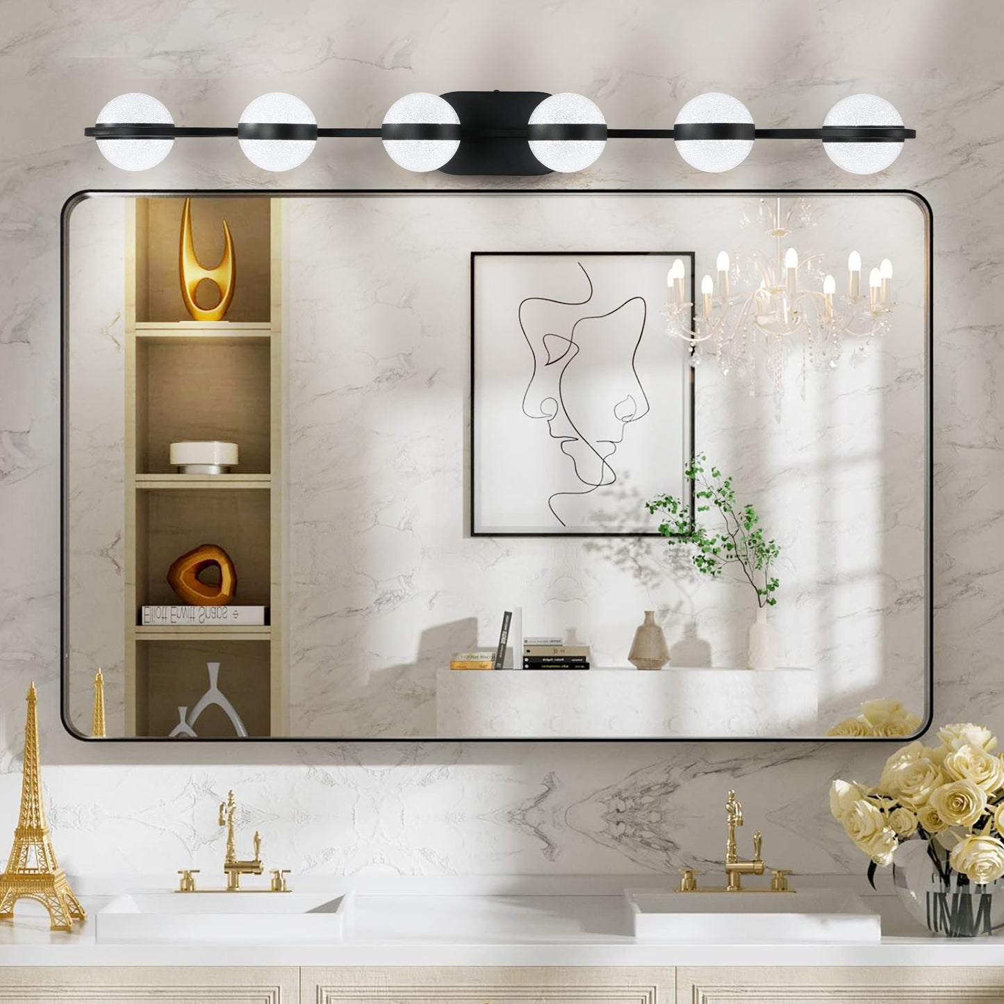 43" 6-Light Black LED Vanity Light with Crystal Sand Shades - view 5