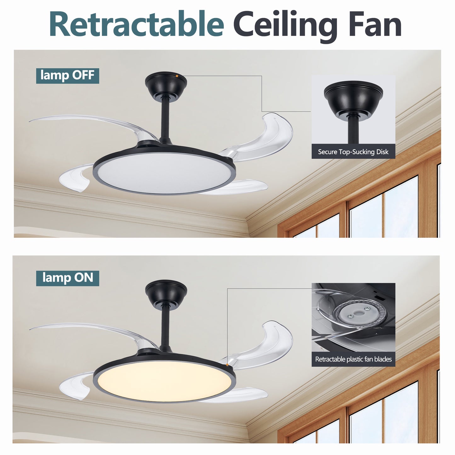 42" Black Low Profile Retractable Ceiling Fan with Remote - view 6
