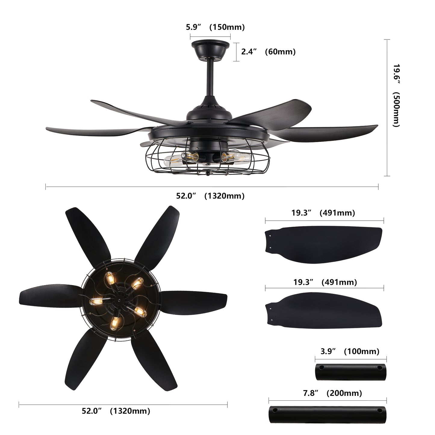 52" Black Industrial Caged Ceiling Fan with Light - view 10