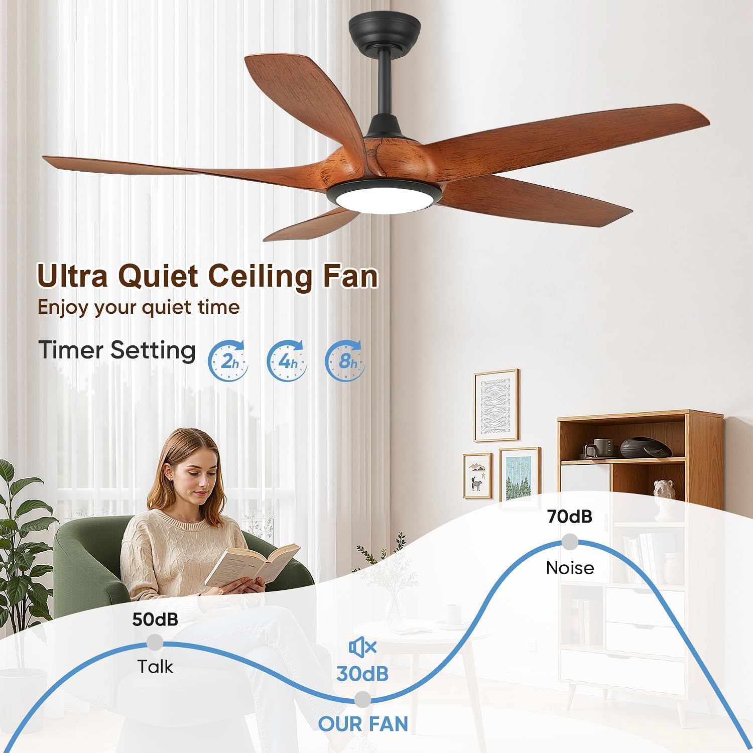 56" 5-Blade Matte Black & Wood Ceiling Fan with Remote - view 12