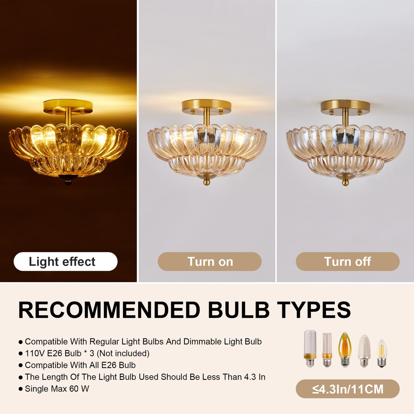 11.8" 3-Light Amber Flower Glass Semi Flush Ceiling Light - view 5