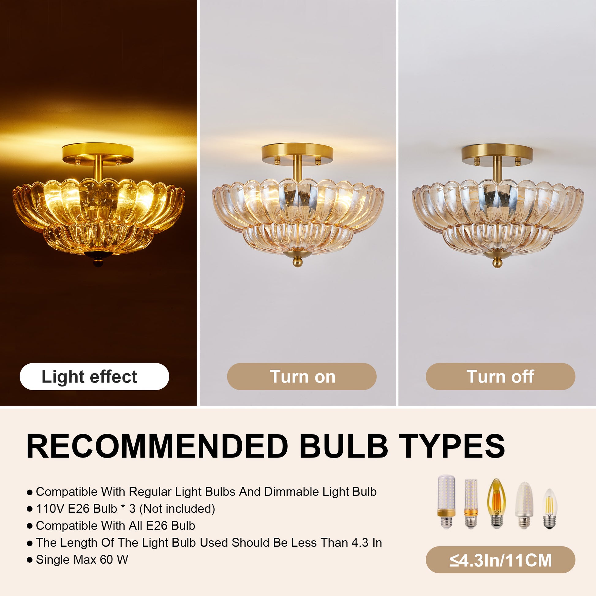 11.8" 3-Light Amber Flower Glass Semi Flush Ceiling Light - view 5