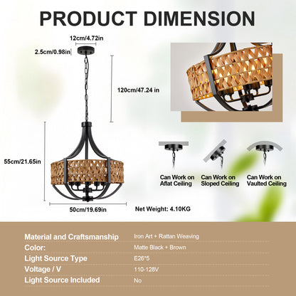 19.7" 5-Light Black Rattan Boho Chandelier - view 8