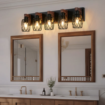 31" 5-Light Black Caged Wall Light with Wood Accents - view 3