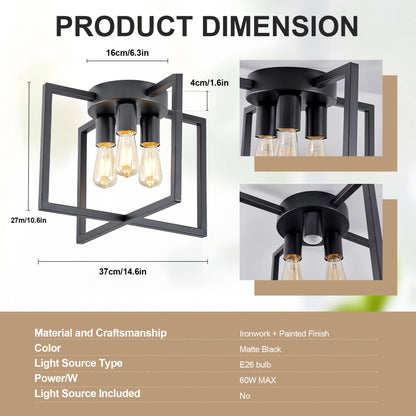 3-Light Black Geometric Farmhouse Semi-Flush Chandelier - view 5