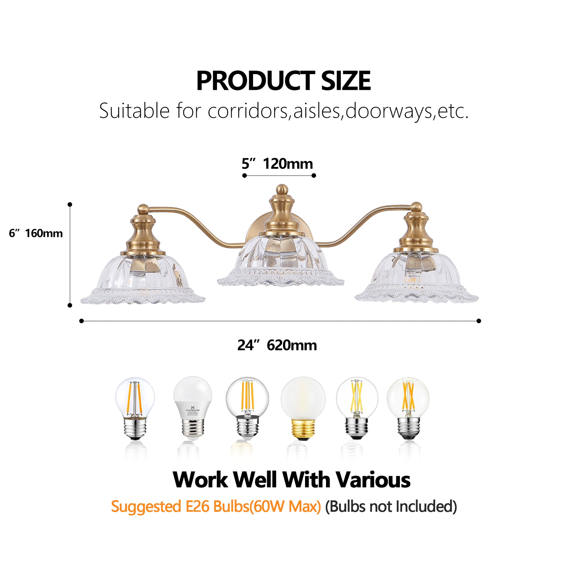 24" 3-Light Vintage Gold Vanity Light with Glass Shades - view 9