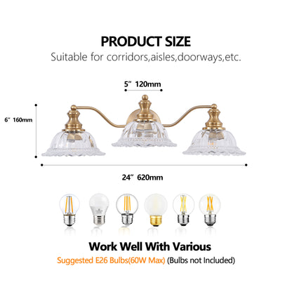 24" 3-Light Vintage Gold Vanity Light with Glass Shades - view 9