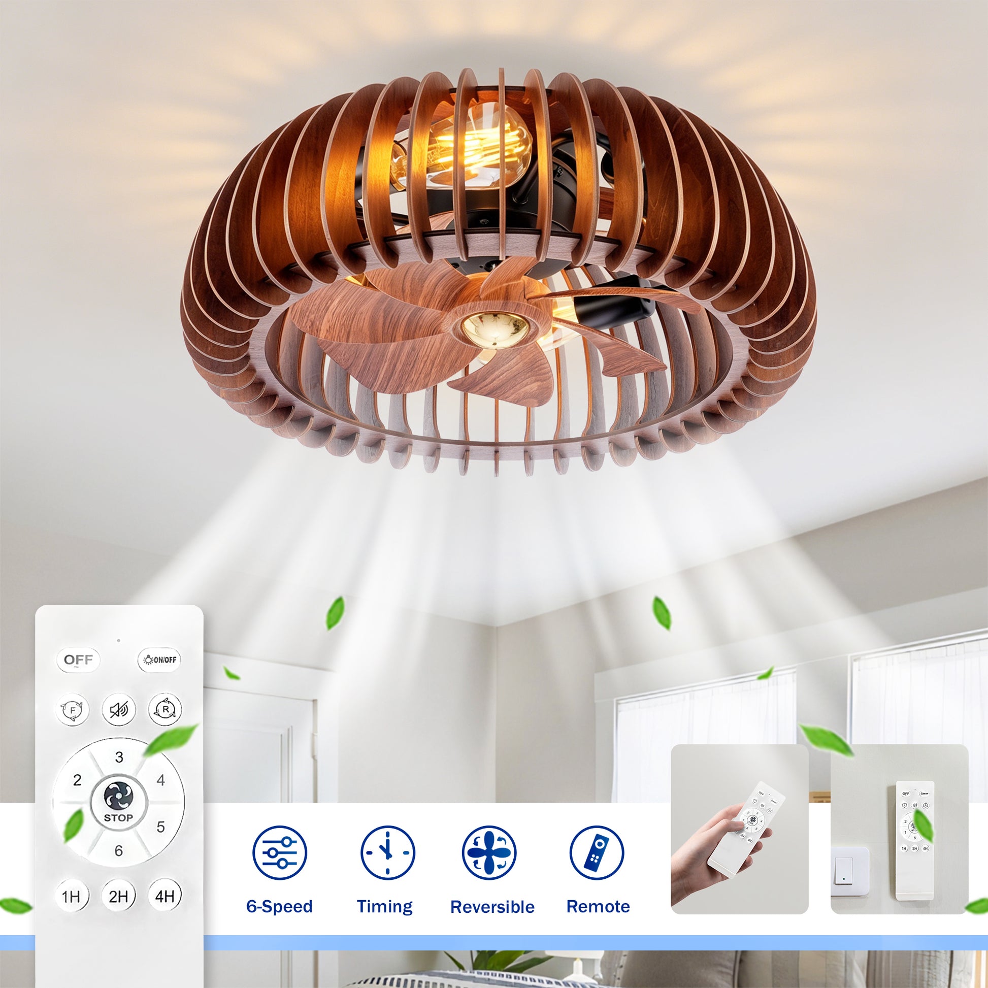 20" Wood Semicircle Flush Mount Ceiling Fan with Remote - view 7