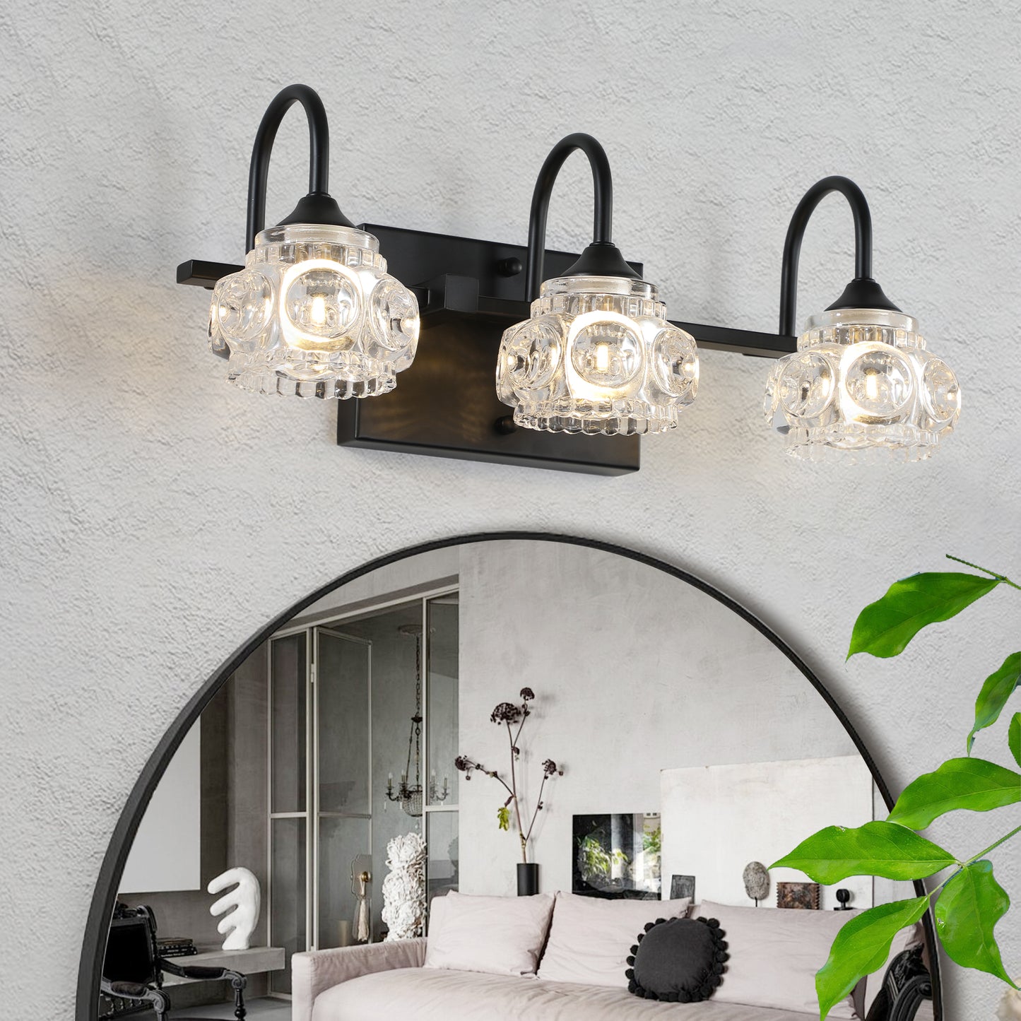 17" 3-Light Black Vanity Light with Crystal Glass
