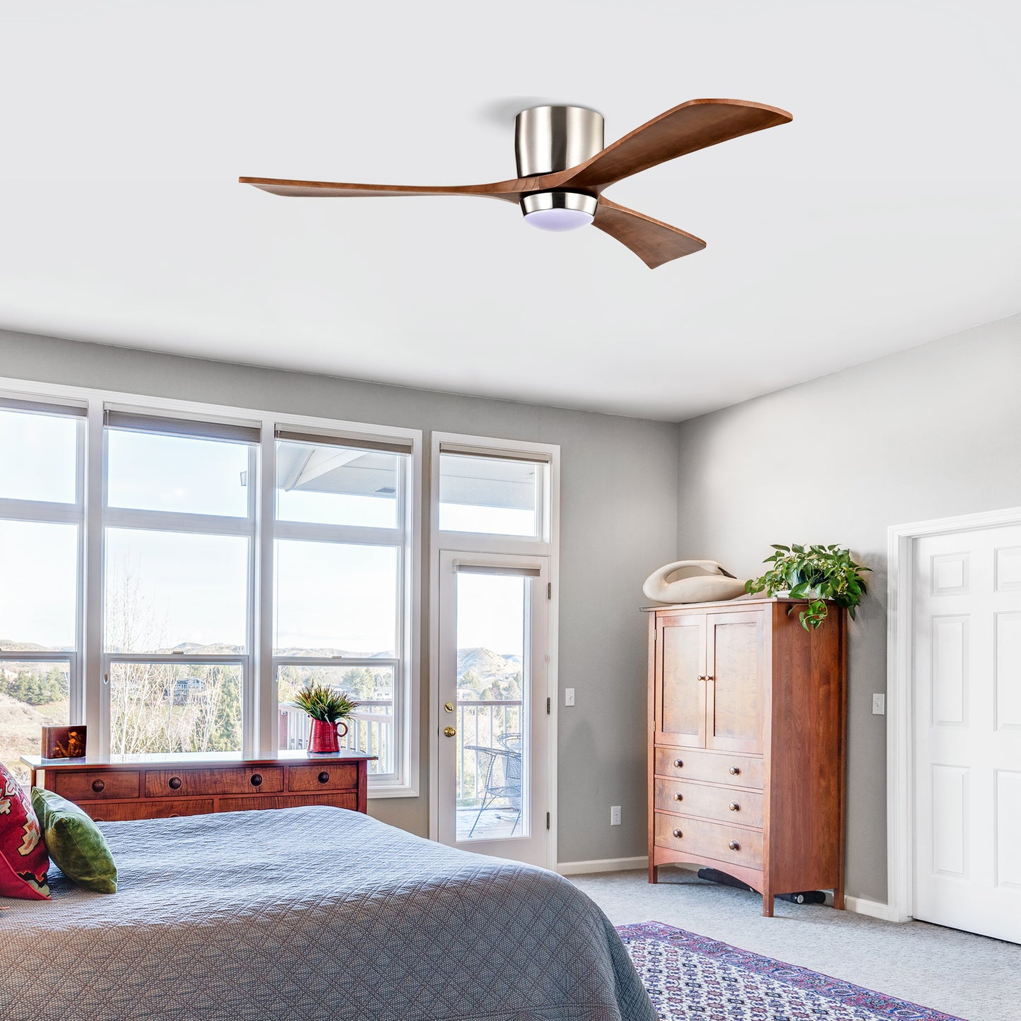 52" Nickel Flush Mount Wood Ceiling Fan with Remote - view 5