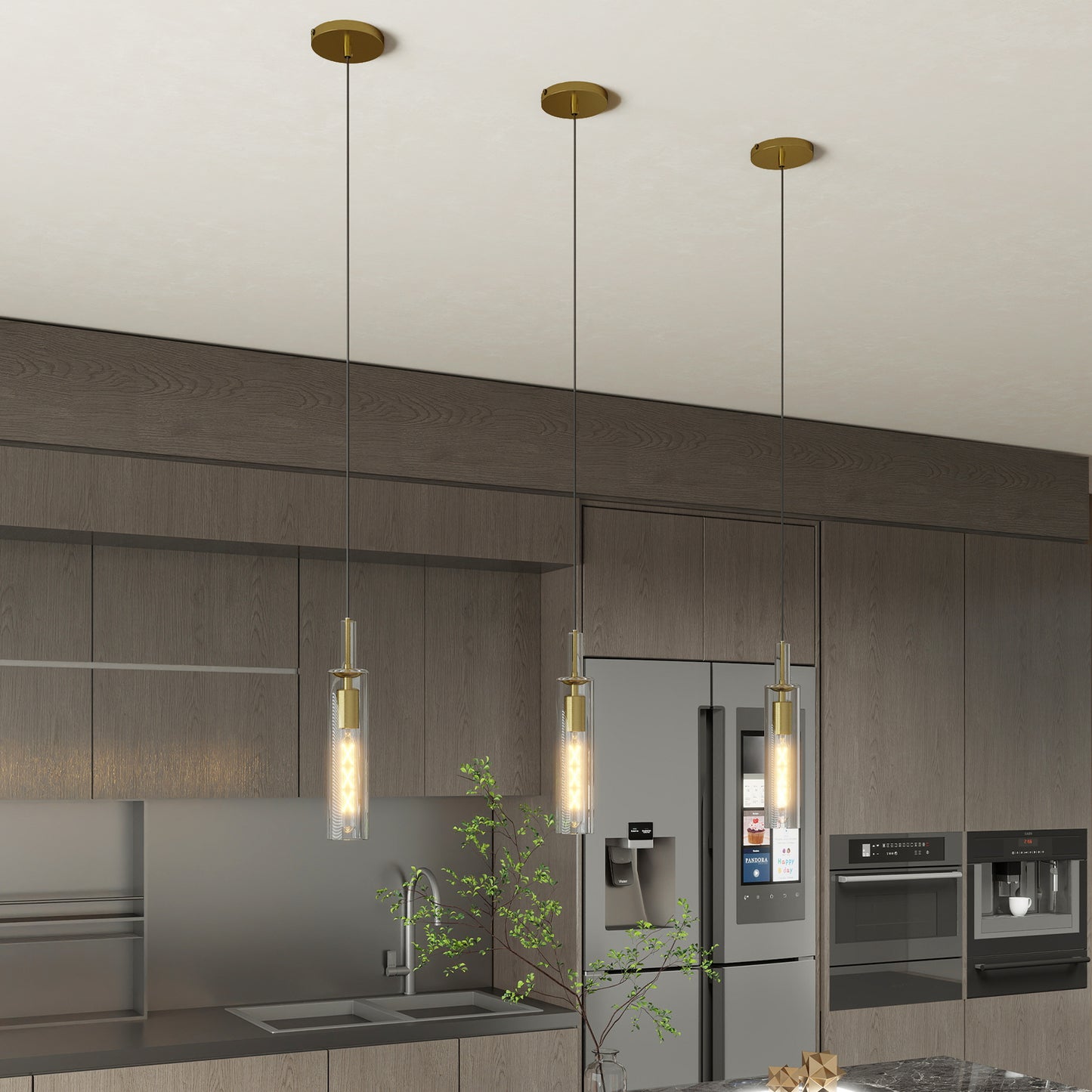 Gold Pendant Light with Striped Glass Shade, Set of 3 - view 4