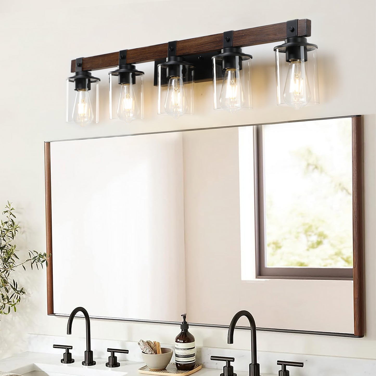 35" 5-Light Farmhouse Vanity Light with Wood Accent - view 2