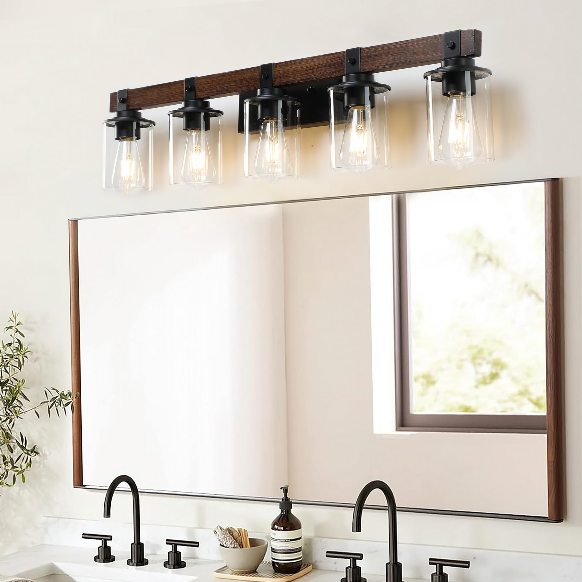 35" 5-Light Farmhouse Vanity Light with Wood Accent - view 2