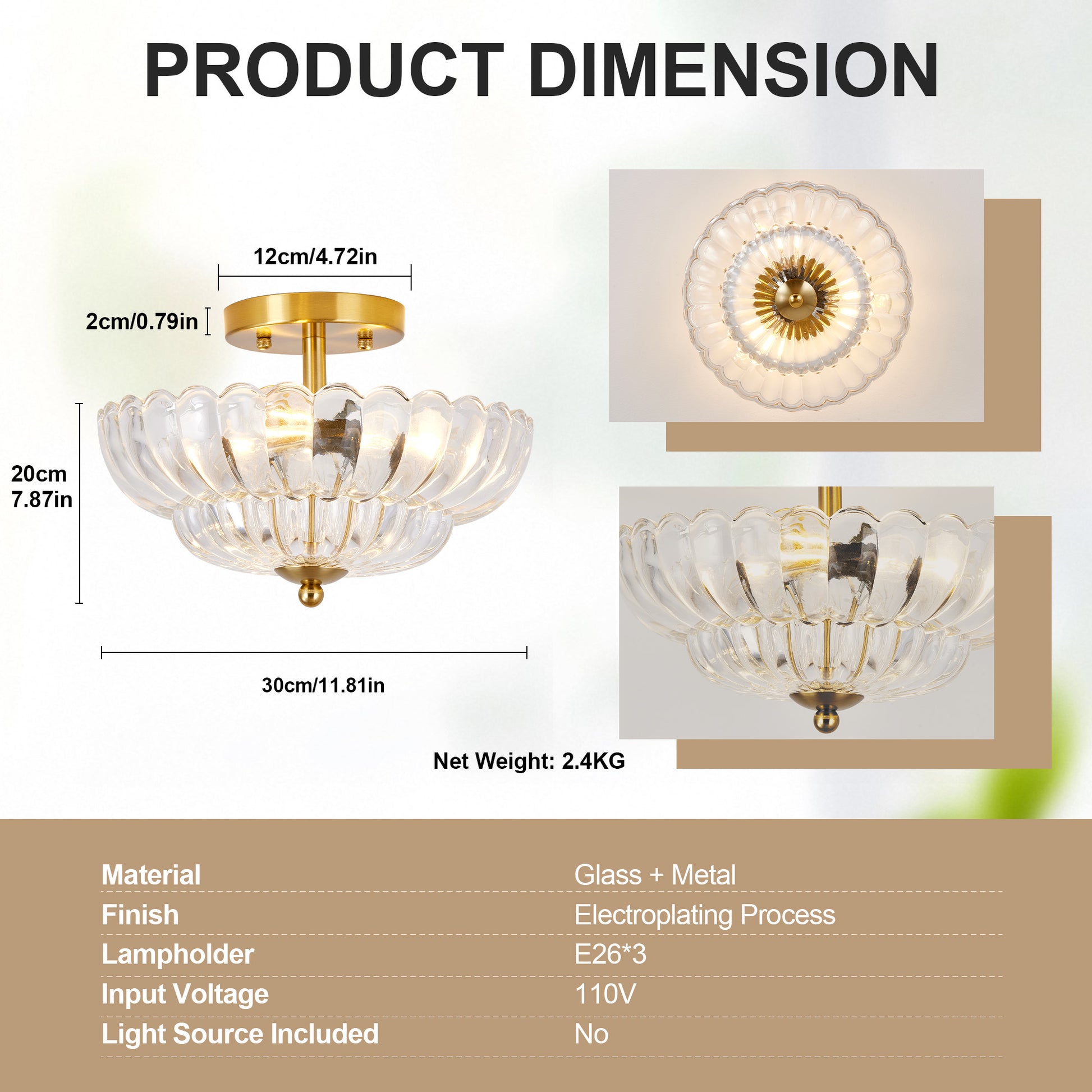 11.8" 3-Light Gold Semi-Flush Ceiling Light with Flower Glass - view 6