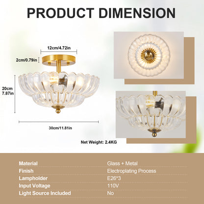 11.8" 3-Light Gold Semi-Flush Ceiling Light with Flower Glass - view 6