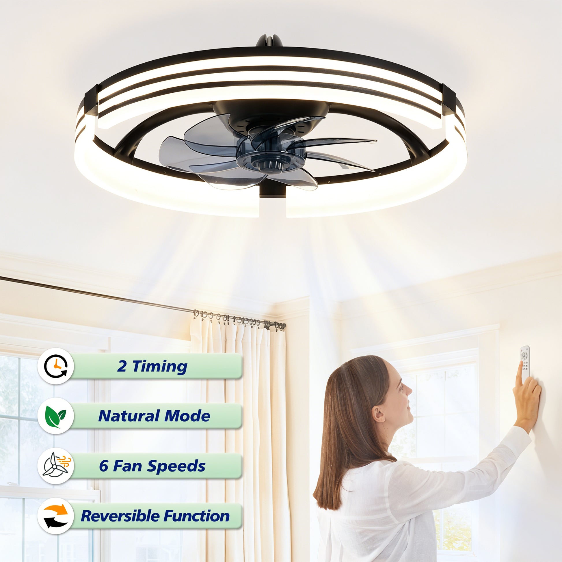 20" Matte Black Flush Mount Ceiling Fan with Dimmable LED - view 14