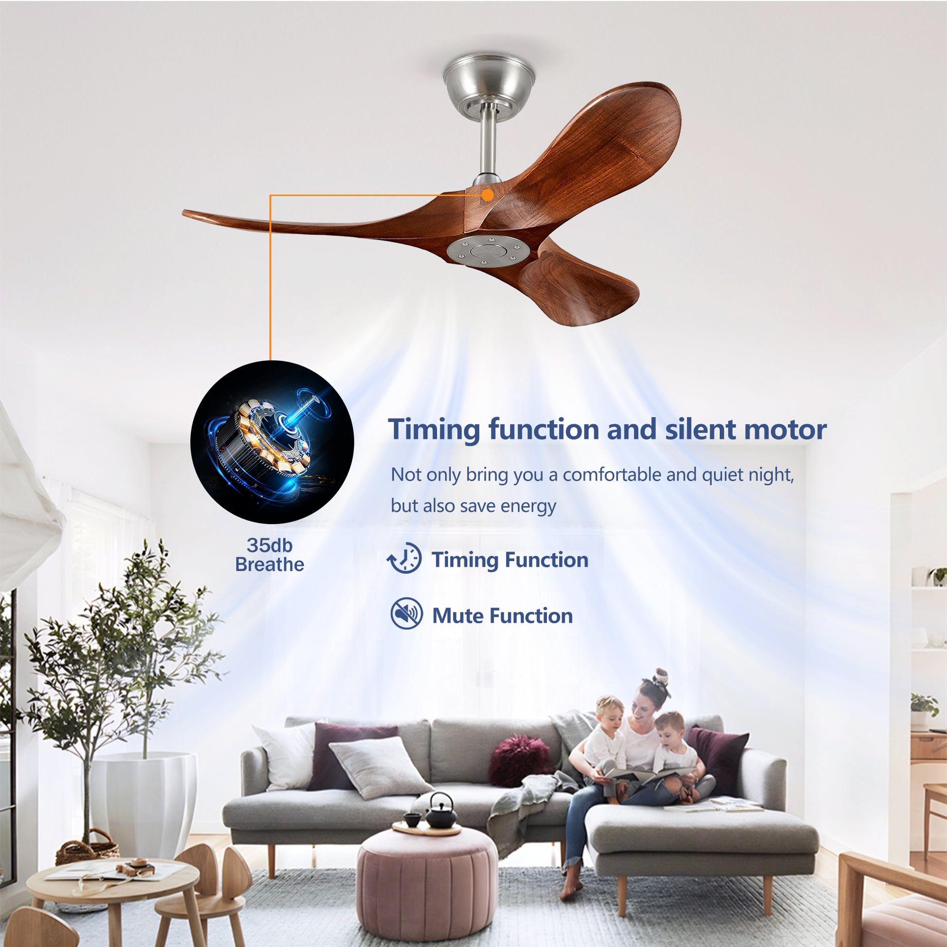 36" Satin Nickel Walnut Wood Ceiling Fan with Remote - view 14