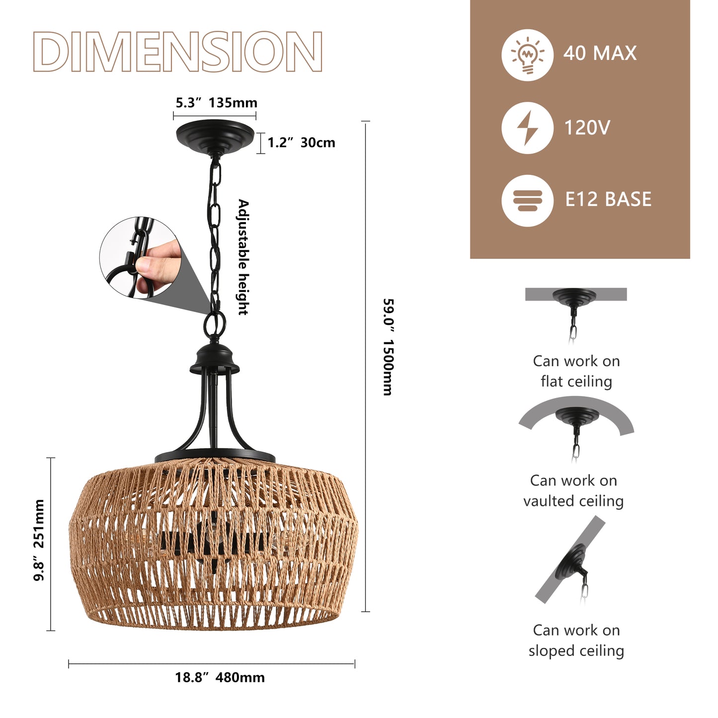 19" Hand-Woven Boho Hemp Rope Pendant Light - view 9