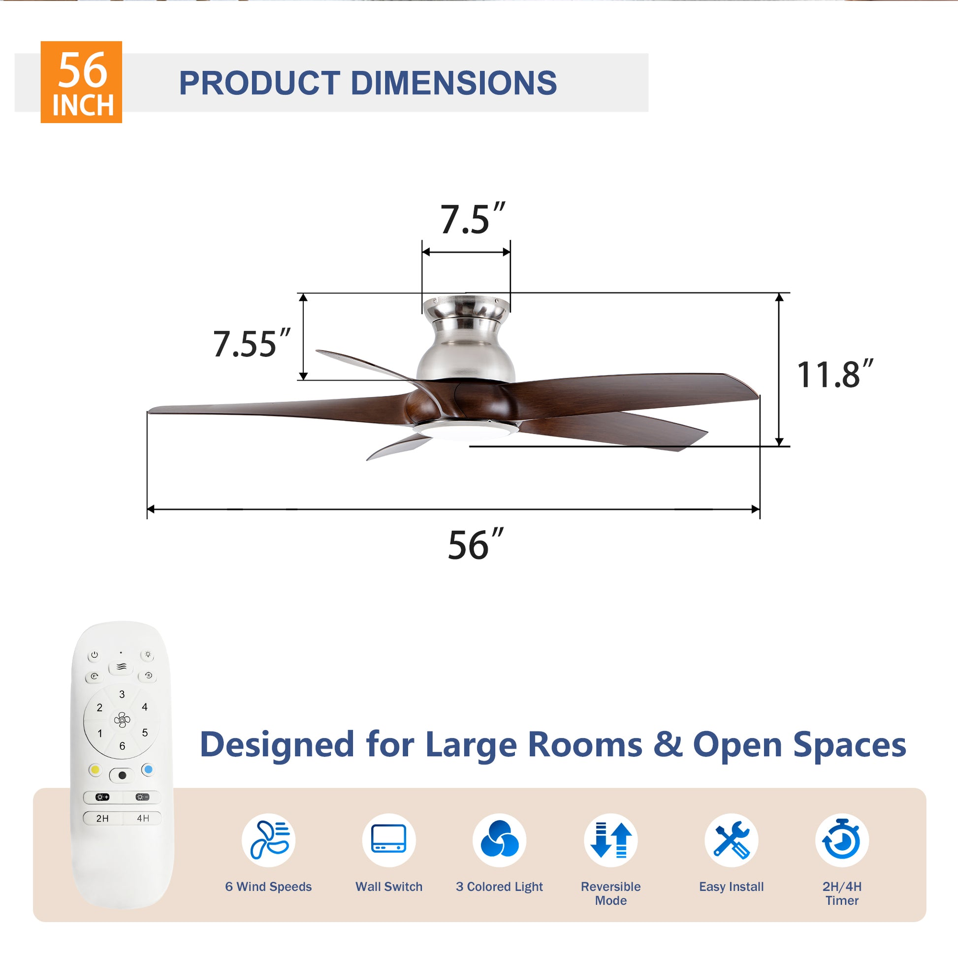 56" Nickel & Wood Ceiling Fan with Remote - view 6