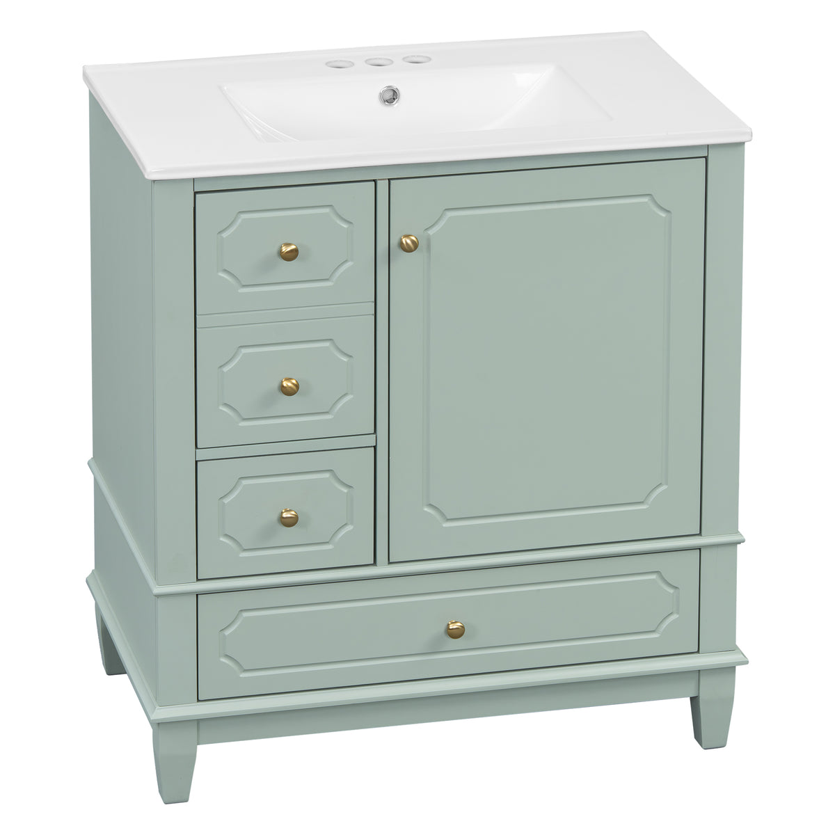 30" Light Green Bathroom Vanity with Sink, 3 Drawers & Tapered Legs