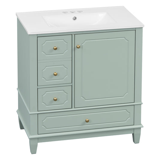 30" Light Green Bathroom Vanity with Sink, 3 Drawers & Tapered Legs