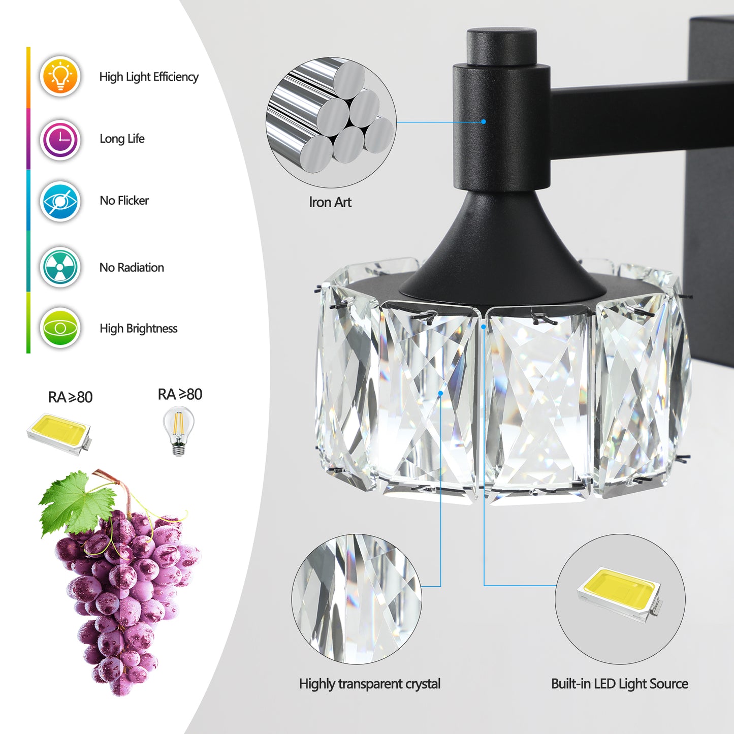 6-Light Matte Black LED Vanity Light with Crystal Glass - view 7