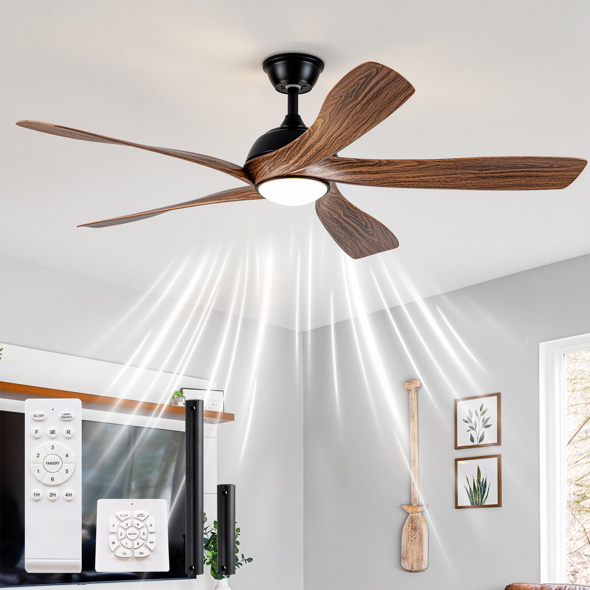56" Matte Black & Wood Ceiling Fan with LED Light - view 2