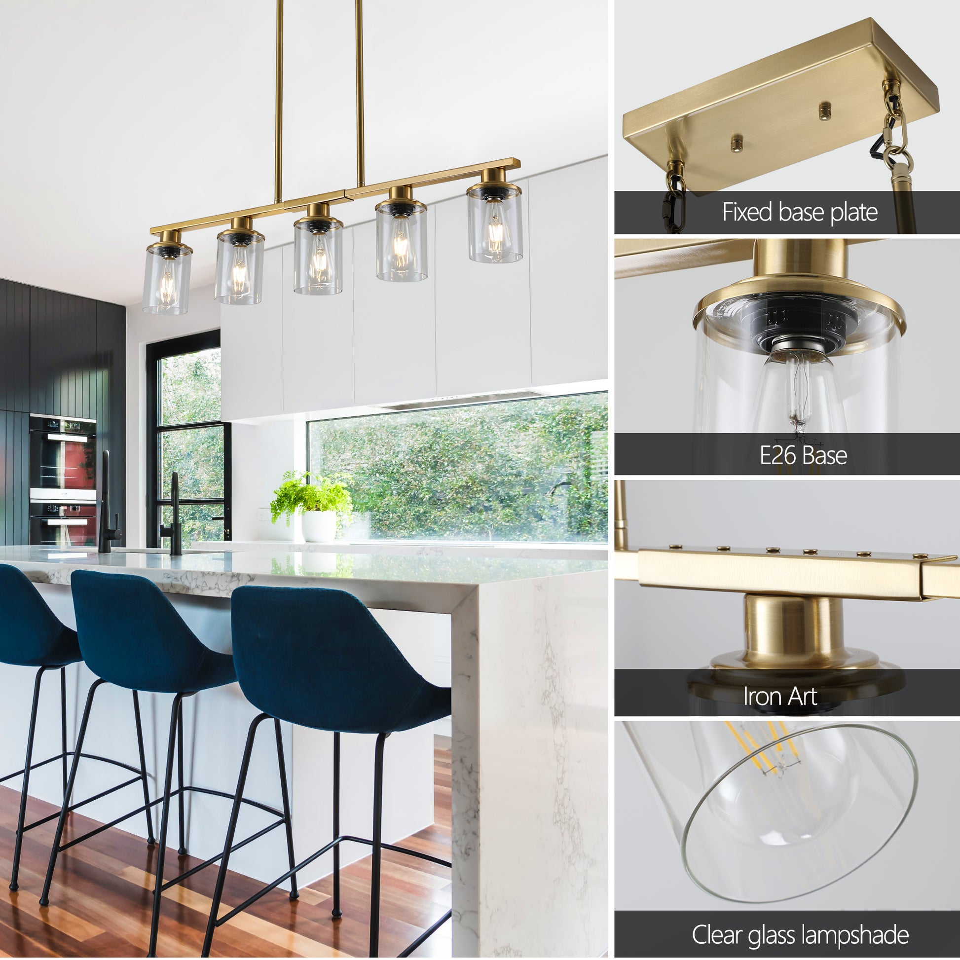 37" Gold Industrial 5-Light Chandelier with Glass Shades - view 4